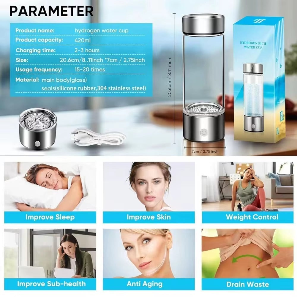 Hydrogen Water Bottle 420ml – Portable Hydrogen Rich Water Generator with USB Rechargeable Electrolysis Technology